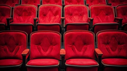 Obraz premium Vibrant Red Theater Seats in Perfect Alignment - Detailed Close-Up Shot with Low-Angle Perspective