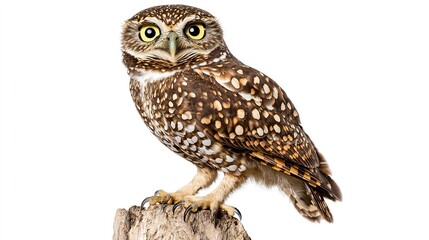 Fototapeta premium Spotted owl with wide eyes, perched on a white background