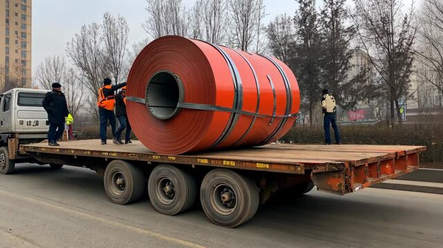 A large roll of orange material is being transported on a flatbed truck in an urban setting
