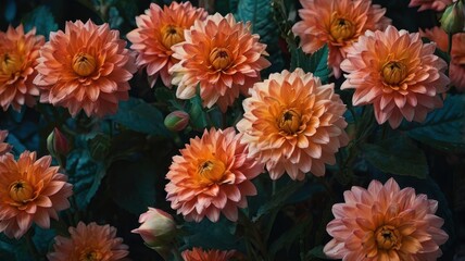 Bunch of orange flowers with green leaves