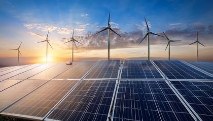 Wind turbine and solar panel stand tall against the blue sky, generating clean, renewable energy for a sustainable future