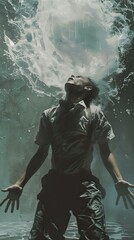 Obraz premium Man Submerged in Water, Dramatic Pose, Surreal Art Photography