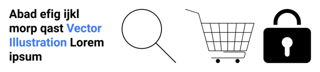 Magnifying glass, shopping cart, and lock icon representing search, online shopping, and security. Ideal for e-commerce, digital marketing, online security, internet services, website design, mobile