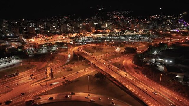 Night Skyline At Florianopolis In Santa Catarina Brazil. Illuminated City. Traffic Downtown. Cityscape Landscape. Night Skyline At Florianopolis In Santa Catarina Brazil. Landmark Buildings.