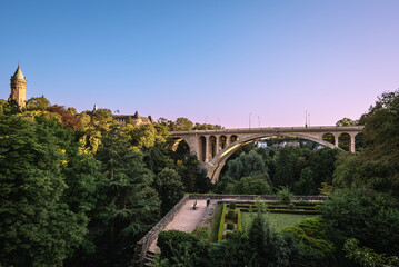 Fototapeta premium Sunset View of Adolphe Bridge and Gardens from Place de la Constitution - Luxembourg City