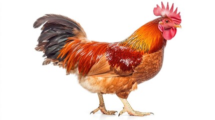 Fototapeta premium Proud rooster with bright feathers, standing on a white background