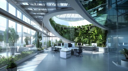 A modern office space featuring a unique architectural design with abundant natural light and integrated greenery for a refreshing work environment.