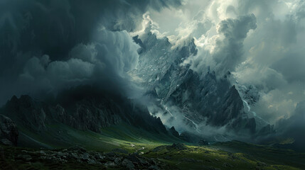 Dramatic storm clouds gathering over a rugged mountain range, the scene powerful and moody