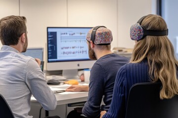 Marketing research lab where EEG technology is used to analyze brain waves and understand consumer insights, equipped with advanced neuroimaging tools to connect neuroscience and consumer psychology