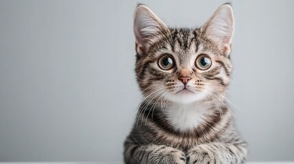 Obraz premium Playful tabby kitten with big eyes, lying down on a white background