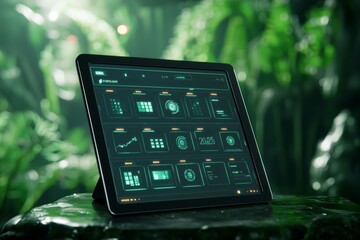 A sleek tablet displaying data graphics, set against a lush green background, blending technology with nature.
