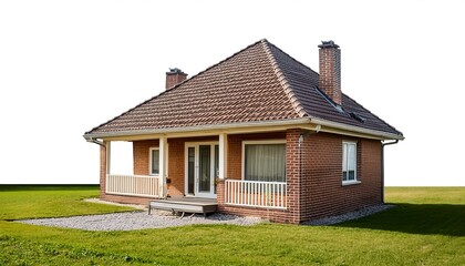 Fototapeta premium Wooden cottage with a green roof nestled amidst lush greenery, offering a serene escape