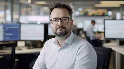 Fototapeta premium Professional individual analyzing forex trading data in a modern business office with multiple monitors and a focused expression showcasing a serious approach to investment strategies.