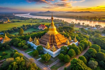 Aerial View of Mingun Pagoda and Surrounding Landscape in Mandalay, Myanmar Showcasing Ancient Architecture and Scenic Beauty from Drone Perspective