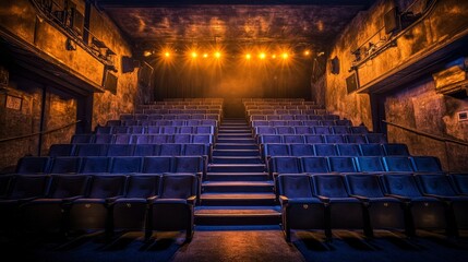 Naklejka premium Intimate Theater Setting with Rows of Seats and Dramatic Lighting from Low Perspective