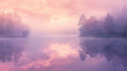 Fototapeta premium Early morning over a calm lake, the water still and glassy, reflecting the soft pastel colors of the sunrise