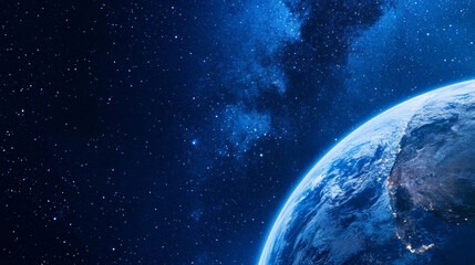 Fototapeta premium Earth in space universe planet with shiny star dark blue technology science background with copy space. astronomy starry sky shimmering glow wallpaper
