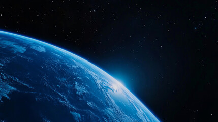 Fototapeta premium Earth in space universe planet with shiny star dark blue technology science background with copy space. astronomy starry sky shimmering glow wallpaper