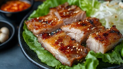 A plate of samgyeopsal, grilled pork belly served with lettuce, garlic, and ssamjang for wrapping.


