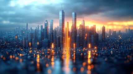 Fototapeta premium A vibrant city skyline at sunset, illuminated by glowing lights.
