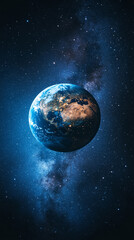 Obraz premium Earth in space universe planet with shiny star dark blue technology science background with copy space. astronomy starry sky shimmering glow wallpaper