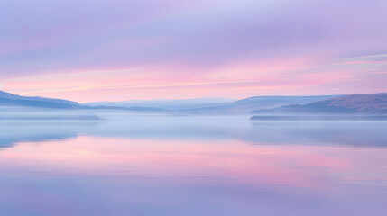 Fototapeta premium Evening pastel sky, the soft pink and purple colors reflecting on a still lake, the scene calm and serene.