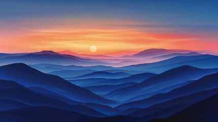 Fototapeta premium Evening sky filled with deep blues and oranges, the sun setting over distant mountains, the horizon aglow.