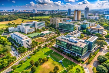 Aerial View of Vibrant Bangalore Tech Park Showcasing Modern Office Buildings, Lush Green Spaces, and Urbanites Engaging with the Thriving IT Hub Culture of the City