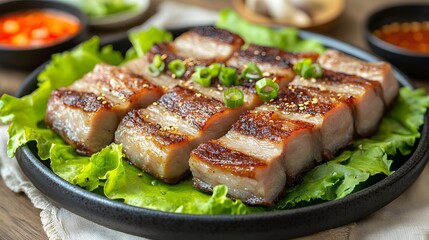A plate of samgyeopsal, grilled pork belly served with lettuce, garlic, and ssamjang for wrapping.


