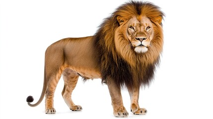 Obraz premium Majestic lion with a thick mane, looking intense on a white background
