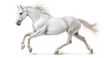 Obraz premium Majestic white stallion in mid-gallop on a white background