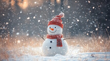 Snowman with red scarf in snowy field