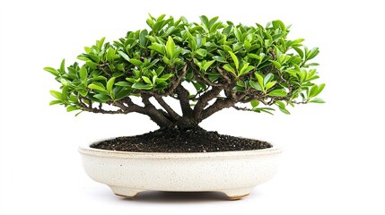 A bonsai tree in a small pot, detailed branches and foliage against a clean white background