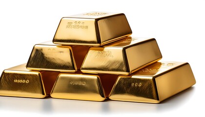 Golden ingots, symbols of wealth and financial success, stacked high on a pristine white background