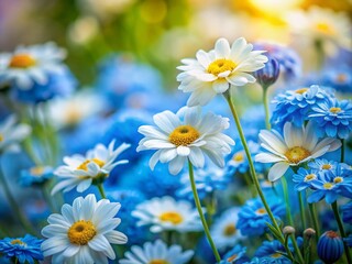 Fototapeta premium A Lush Display of White and Blue Flowers with Vibrant Yellow Centers in a Serene Garden Setting, Perfect for Nature Lovers and Floral Enthusiasts Seeking Tranquility