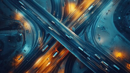 Aerial View of an Illuminated Highway Interchange at Night