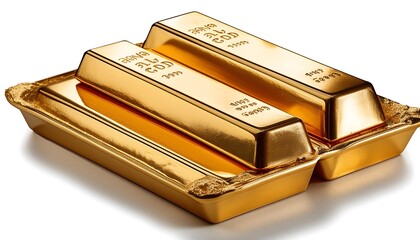 Golden ingots, symbols of wealth and financial success, stacked high on a pristine white background