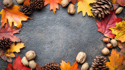 Fototapeta premium Autumn leaves and pinecones frame a rustic table setting in a seasonal celebration