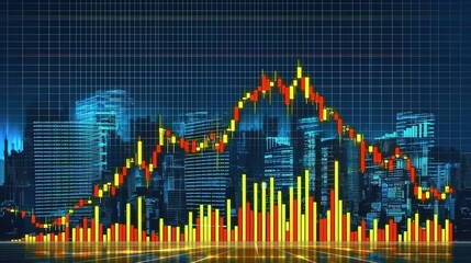 Double Exposure Candlestick Graph on Financial Market with City Skyline Background, Vibrant Colors and Geometric Pattern, Standard Scale Representation for Stock Market Analysis