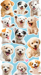 Collage of cute dog puppies with cheerful happy pose paws print celebrate festive sticker pink blue background. star and heart sticker decoration fun playful party fashion new year pet adorable wallpa