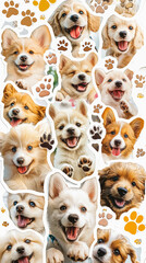 Obraz premium Collage of cute dog puppies with cheerful happy pose paws print celebrate festive sticker pink blue background. star and heart sticker decoration fun playful party fashion new year pet adorable wallpa