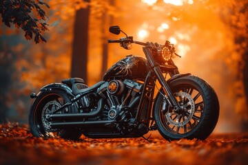 Obraz premium A sleek motorcycle parked amidst autumn foliage, showcasing vibrant colors and a serene atmosphere.