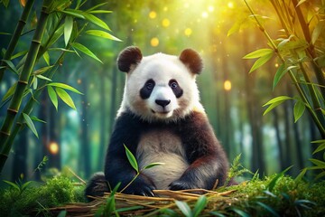 Obraz premium A Playful Panda Enjoys Its Bamboo Paradise Amidst Lush Greenery in a Serene Natural Habitat – Captivating Documentary Photography of Endangered Wildlife