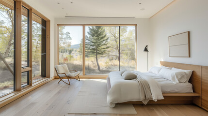 Fototapeta premium Modern bedroom with a minimalist platform bed, light wood flooring, white walls, and a cozy armchair next to a floor-to-ceiling window with natural light.