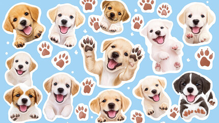 Collage of cute dog puppies with cheerful happy pose paws print celebrate festive sticker pink blue background. star and heart sticker decoration fun playful party fashion new year pet adorable wallpa