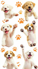 Collage of cute dog puppies with cheerful happy pose paws print celebrate festive sticker pink blue background. star and heart sticker decoration fun playful party fashion new year pet adorable wallpa