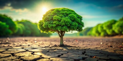 A Resilient Green Tree Flourishing on Parched, Cracked Earth, Symbolizing Hope and Perseverance in a Dry Environment with Beautiful Bokeh Effect Highlighting Nature's Beauty