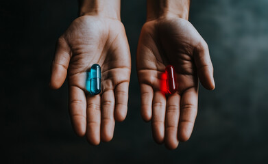 A hand holding out a blue and red capsule generated by AI

