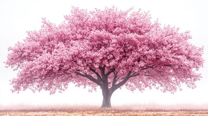 Obraz premium A vibrant pink flowering tree in a serene landscape.