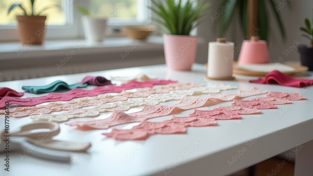 Poster a table with a variety of lace and fabric on it